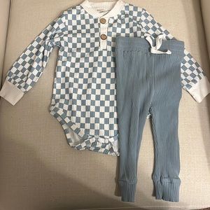 Checkered, silky spandex material. With the matching stretchy pants.